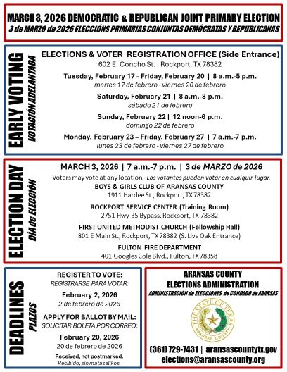 Flyer - Early Voting Schedule, Election Day, and Deadlines - February 2026 Joint Primary Election(Election/horario de votación anticipada, centres de votación el día de las elecciones y fechas límite - Elecciones primarias conjuntas de febrero de 2026
